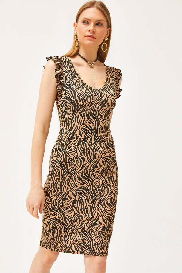 Women's Zebra Mink V Neck Shoulder Frill Crystal Viscose Dress ELB-19002060 - 1