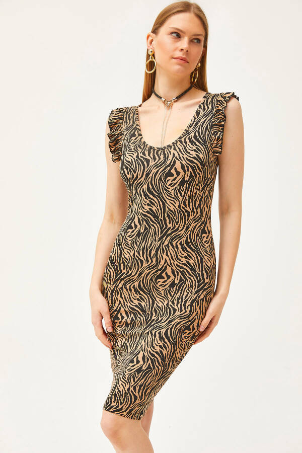 Women's Zebra Mink V Neck Shoulder Frill Crystal Viscose Dress ELB-19002060 - 2