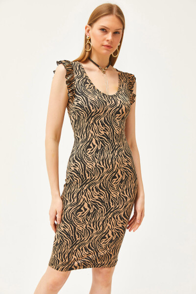 Women's Zebra Mink V Neck Shoulder Frill Crystal Viscose Dress ELB-19002060 - 3