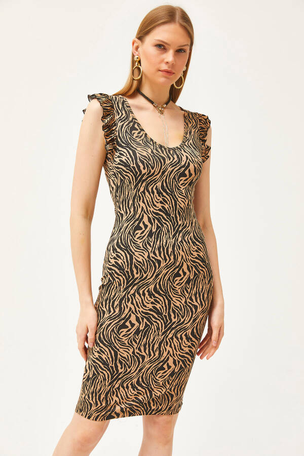 Women's Zebra Mink V Neck Shoulder Frill Crystal Viscose Dress ELB-19002060 - 3