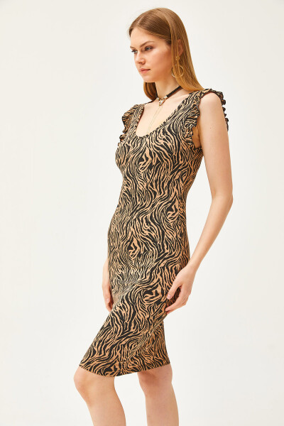 Women's Zebra Mink V Neck Shoulder Frill Crystal Viscose Dress ELB-19002060 - 4