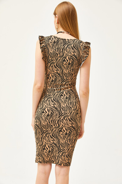 Women's Zebra Mink V Neck Shoulder Frill Crystal Viscose Dress ELB-19002060 - 5