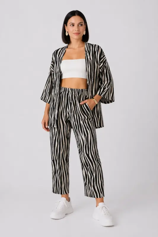 Women's Zebra Print Kimono Set - Zebra Print - TRENDALISSE