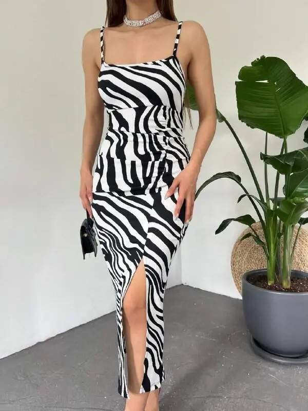 Women's Zebra Print Shoulder Strap Backless Slit Detail Dress - 2