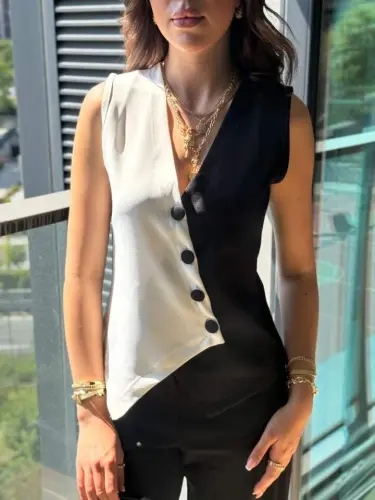 Women's Zero Sleeve V Neck Buttoned Color Block Satin Vest - BÜYÜKBEDENIZ (1)
