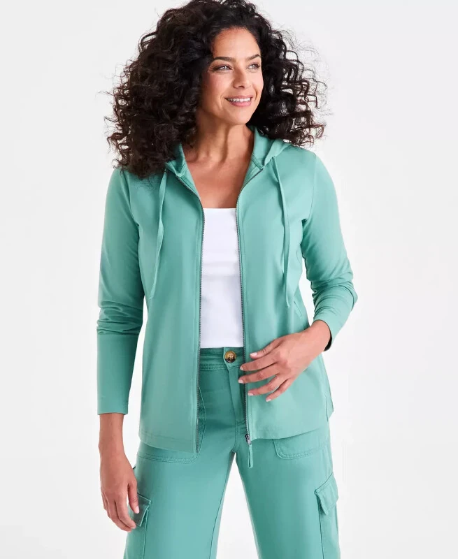 Women's Zip-Front Hooded Sweatshirt, Created for Modazone-Kendal Green - STYLE & CO