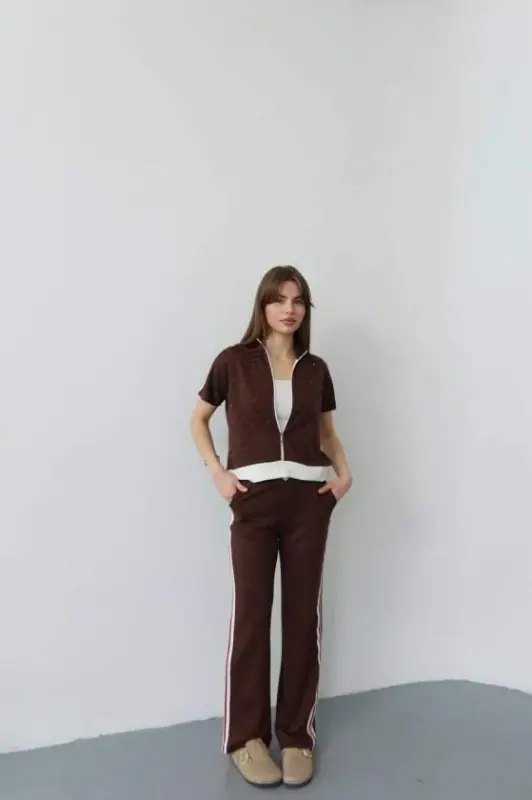 Women's Zipped Stone and Striped Detailed Two-Piece Set - 3