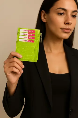 Women's Zipper Detailed Crocodile Leather Look Card Wallet – Compact And Stylish-Pistachio Green - 1