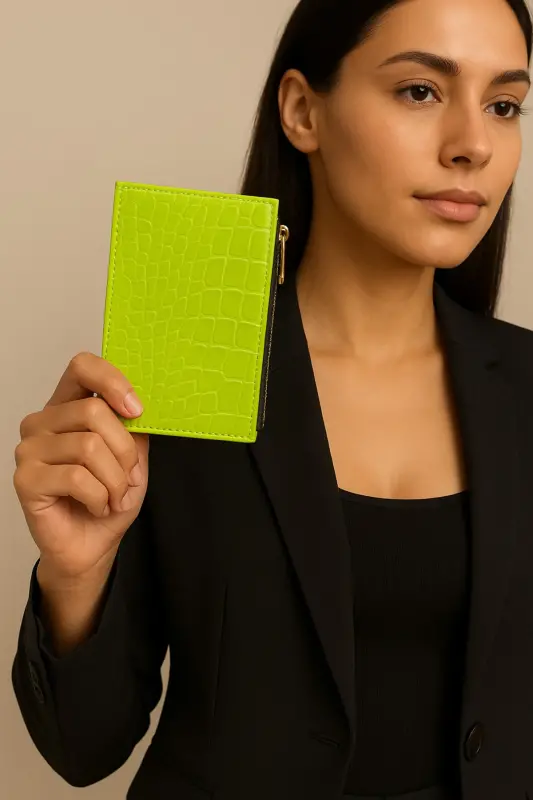 Women's Zipper Detailed Crocodile Leather Look Card Wallet – Compact And Stylish-Pistachio Green - 2