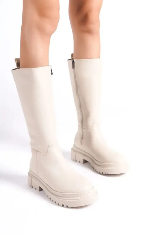 Women's Zippered Knee-High Beige Boots with Thick Soles - Beige Leather - 1