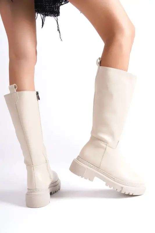 Women's Zippered Knee-High Beige Boots with Thick Soles - Beige Leather - 4