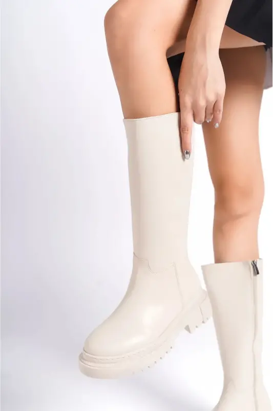 Women's Zippered Knee-High Beige Boots with Thick Soles - Beige Leather - 5