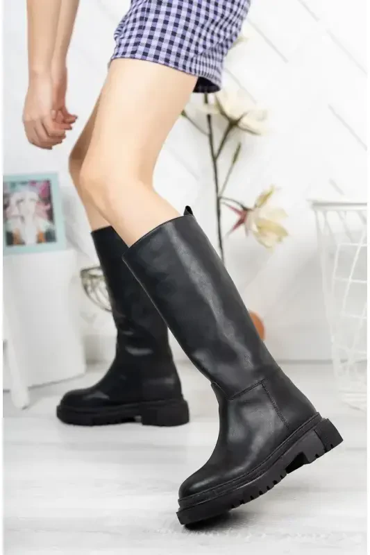 Women's Zippered White Knee High Heel Boots-black - 2
