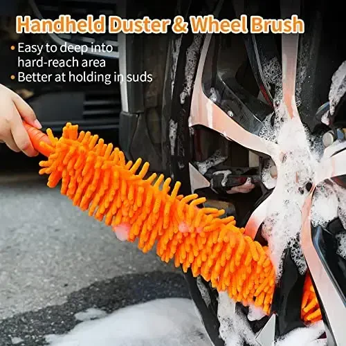 Wontolf 62'' Car Wash Brush with Long Handle Chenille Microfiber Car Wash Mop Car Washing Brush Cleaning Kit Windshield Window Squeegee Wheel Brush Car Duster Dry Towels for Cars RV Truck Boat 10PCS - 5