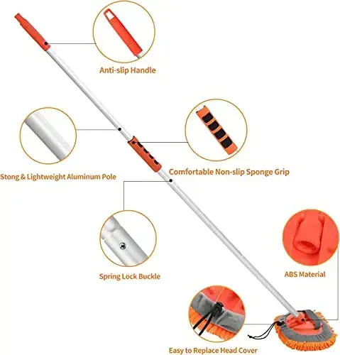 Wontolf 62'' Car Wash Brush with Long Handle Chenille Microfiber Car Wash Mop Car Washing Brush Cleaning Kit Windshield Window Squeegee Wheel Brush Car Duster Dry Towels for Cars RV Truck Boat 10PCS - 7