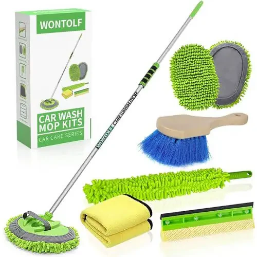 Wontolf 62'' Car Wash Brush with Long Handle Chenille Microfiber Car Wash Mop Mitt Wheel Brush Car Cleaning Kit Windshield Window Squeegee Microfiber Car Duster Dry Towels for Cars RV Truck Boat 10PCS - 1