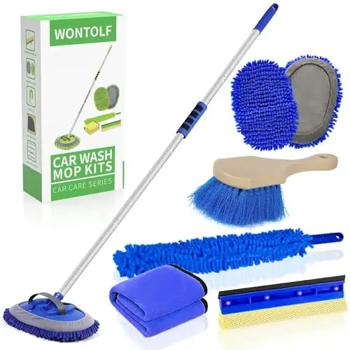 Wontolf 62'' Car Wash Brush with Long Handle Chenille Microfiber Car Wash Mop Car Washing Brush Cleaning Kit Windshield Window Squeegee Wheel Brush Car Duster Dry Towels for Cars RV Truck Boat 10PCS - 1