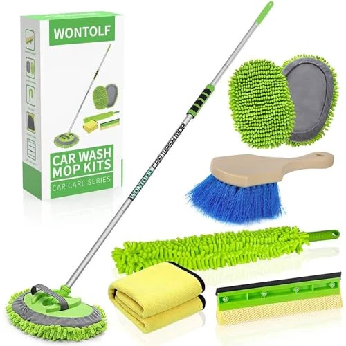Wontolf 62'' Car Wash Brush with Long Handle Chenille Microfiber Car Wash Mop Mitt Car Cleaning Kit Windshield Window Squeegee Car Duster Microfiber Towels Wheel Tire Brush for Cars RV Truck Boat - Wontolf
