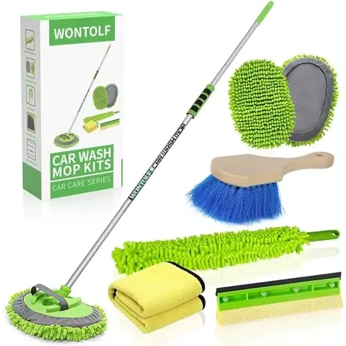 Wontolf 62'' Car Wash Brush with Long Handle Chenille Microfiber Car Wash Mop Mitt Kit Car Detailing Brush Cleaning Kit Window Squeegee Car Duster Drying Towels Tire Brush for Cars RV Truck Boat 