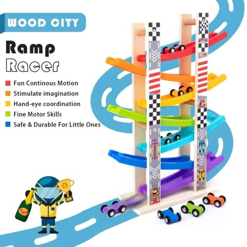Wood City Toddler Toys for 1 2 3 Years Old, Wooden Car Ramp Racer Toy Vehicle Set with 7 Mini Cars & Race Tracks, Montessori Toys Craft Gift for Toddlers Boys and Girls - 14