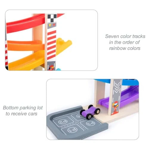 Wood City Toddler Toys for 1 2 3 Years Old, Wooden Car Ramp Racer Toy Vehicle Set with 7 Mini Cars & Race Tracks, Montessori Toys Craft Gift for Toddlers Boys and Girls - 4