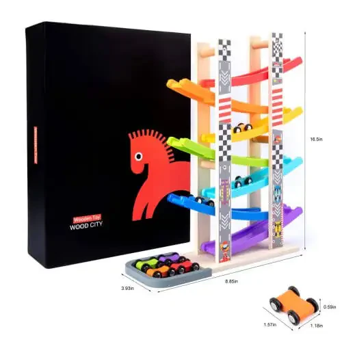 WOOD CITY 1 2 3 Yoshli Bolalar Uchun O'yinchoqlar, 7 Ta Mini Mashina va Poyga Yo'llari bilan Yog'och Mashina Rampasi Poyga O'yinchoq To'plami, Montessori Bolalar Uchun O'yinchoqlar O'g'il Bolalar Qizlar - 27