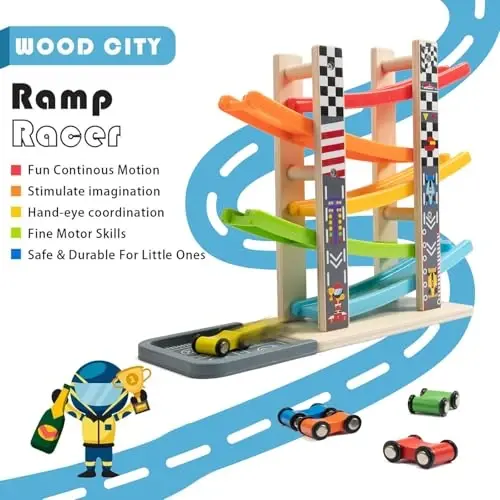 WOOD CITY Игрушки для малышей 1, 2, 3 лет, Деревянный автомобильный пандус, гоночный игрушечный набор с 5/7 мини-автомобилями и гоночными трассами, Монтессори, подарок для мальчиков и девочек (рампа Racer-5 Layers) - 3