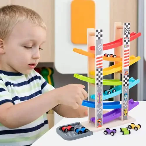 WOOD CITY Toddler Toys for 1 2 3 Years Old, Wooden Car Ramp Racer Toy Vehicle Set with 7 Mini Cars & Race Tracks, Montessori Toys for Toddlers Boys Girls - 30