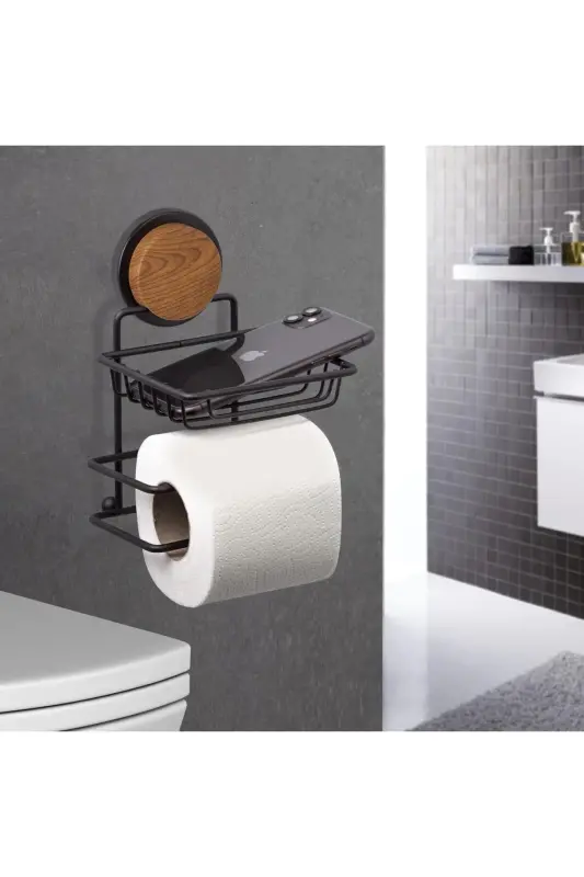 Wood Patterned Magic Fix Magic Adhesive Black Replacable Toilet Paper Holder Mgs-714w-Black - 4