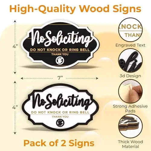 Woodamore No Soliciting Sign For House Door - 2 Pack Do Not Knock Or Ring Doorbell Signs For Front Door Hanging, No Soliciting Signs For Home, No Solicitors Sign For Office - 2