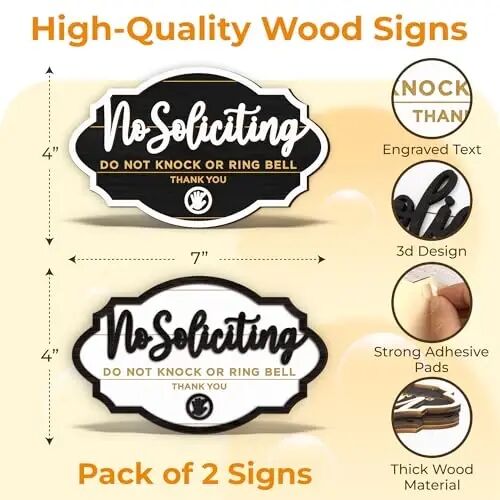 Woodamore No Soliciting Sign for House Door, 2 Pack Black and White 4x7 | 2 wood signs 4x7 in, do not knock or ring doorbell, no solicitors, home and office front door - WOODAMORE (1)