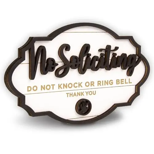 Woodamore No Soliciting Sign for House Door, White Wood 3.5x5.5 Door Hanger | 1 white wood sign 3.5x5.5 in, do not knock or ring doorbell, no solicitors, home and office - 1