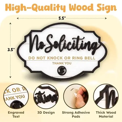 Woodamore No Soliciting Sign for House Door, White Wood 3.5x5.5 Door Hanger | 1 white wood sign 3.5x5.5 in, do not knock or ring doorbell, no solicitors, home and office - WOODAMORE (1)
