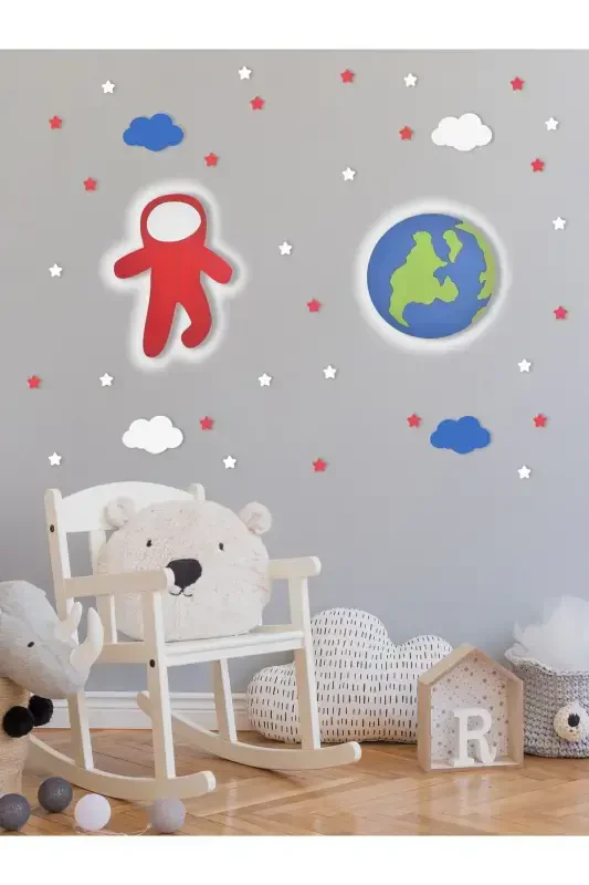 Wooden Astronaut and World Figured Baby and Children's Room Decorative LED Lighting/Night Lamp 2-Piece Set - Red - 1