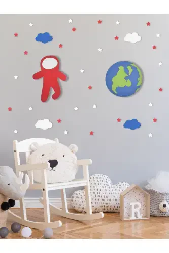 Wooden Astronaut and World Figured Baby and Children's Room Decorative LED Lighting/Night Lamp 2-Piece Set - Red - UNIQRAFT DESIGN (1)
