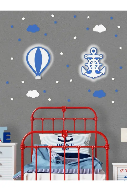 Wooden Balloon and Anchor Figured Baby and Children's Room Decorative LED Lighting/Night Lamp 2-Piece Set-Blue - 1