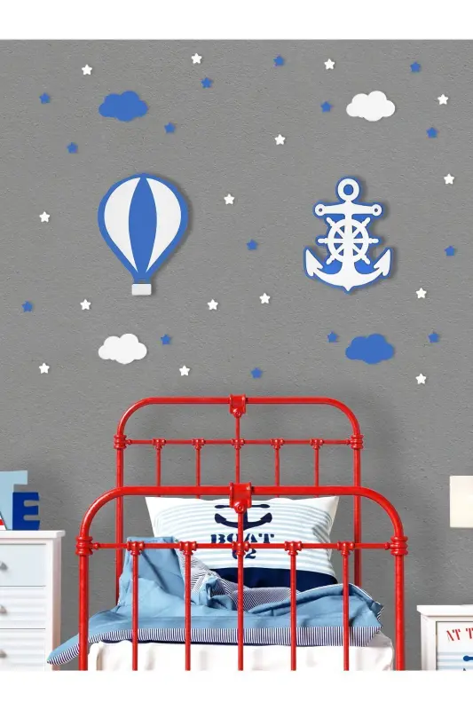 Wooden Balloon and Anchor Figured Baby and Children's Room Decorative LED Lighting/Night Lamp 2-Piece Set-Blue - 2