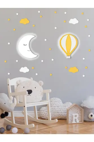 Wooden Balloon and Moon Figured Baby and Children's Room Decorative Led Lighting/Night Light 2-Piece Set - Yellow-White - 1