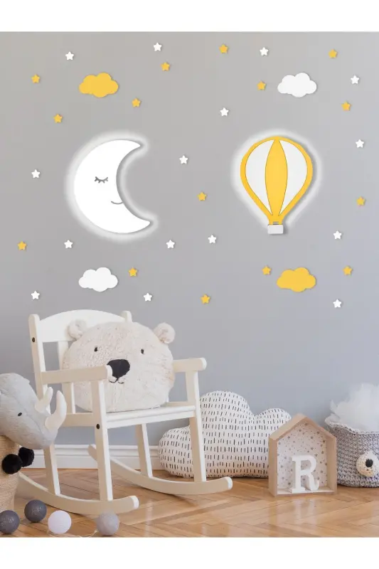 Wooden Balloon and Moon Figured Baby and Children's Room Decorative Led Lighting/Night Light 2-Piece Set - Yellow-White - 1