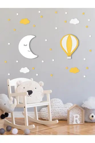 Wooden Balloon and Moon Figured Baby and Children's Room Decorative Led Lighting/Night Light 2-Piece Set - Yellow-White - 2