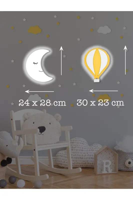 Wooden Balloon and Moon Figured Baby and Children's Room Decorative Led Lighting/Night Light 2-Piece Set - Yellow-White - 3