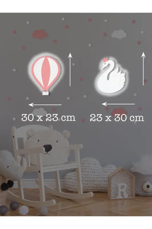 Wooden Balloon and Swan Figured Baby and Children's Room Decorative Led Lighting/Night Lamp 2li Set-Pink - 3