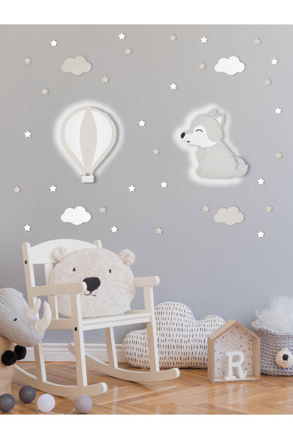 Wooden Balloon and Wolf Figure Baby and Children's Room Decorative LED Light/Night Lamp 2 Piece Set - 1