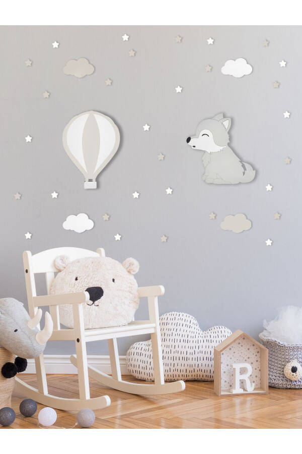 Wooden Balloon and Wolf Figure Baby and Children's Room Decorative LED Light/Night Lamp 2 Piece Set - 2