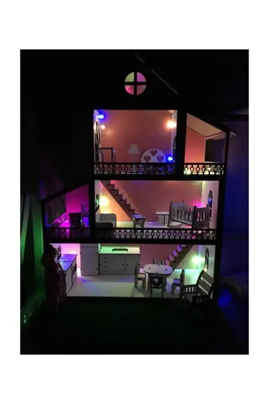 Wooden Barbie Doll Play House with LED Light Gift - GENEL MARKALAR