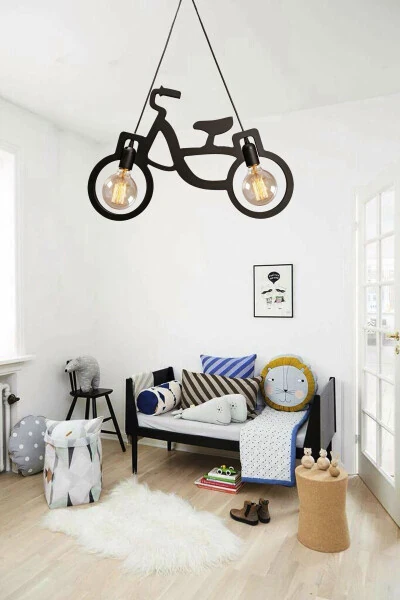 Wooden Black Bicycle Pendant Chandelier Wooden Luxury Rustic Modern Decorative Lamp Children's Room Chandelier - UTKU TASARIM