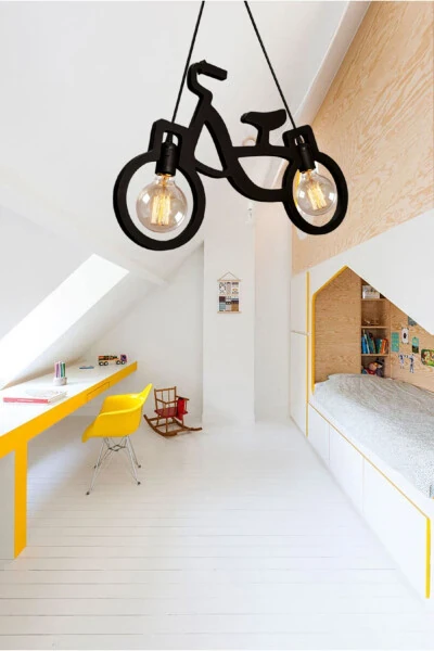 Wooden Black Bicycle Pendant Chandelier Wooden Luxury Rustic Modern Decorative Lamp Children's Room Chandelier - UTKU TASARIM (1)