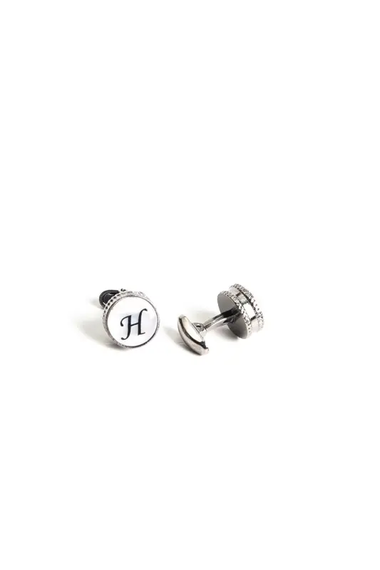 Wooden Boxed Round Letter Cufflinks Letter H - BAYEFENDİ