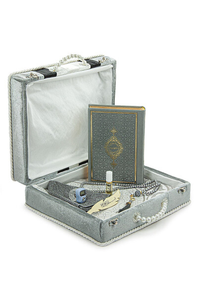 Wooden Boxed Set of Quran and Matching Prayer Rug for Groom's Chest of Treasures in Grey - 2