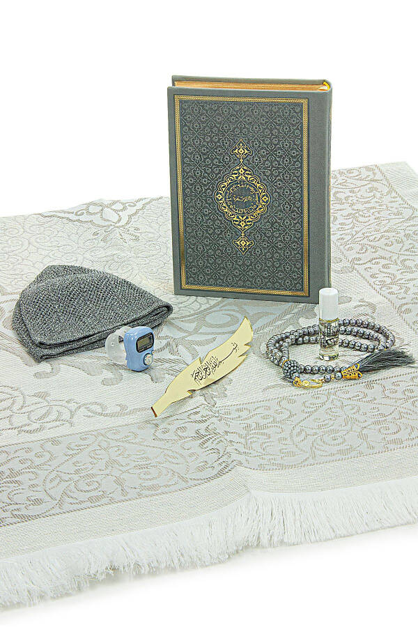 Wooden Boxed Set of Quran and Matching Prayer Rug for Groom's Chest of Treasures in Grey - 5